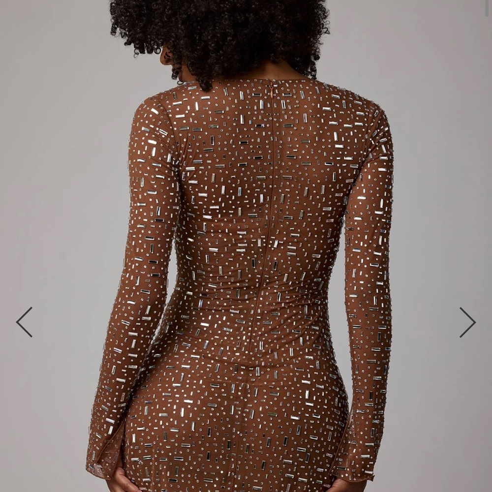 Oh Polly Zeta Long Sleeve Mini embellished Dress in Mocha - Picture 3 of 5